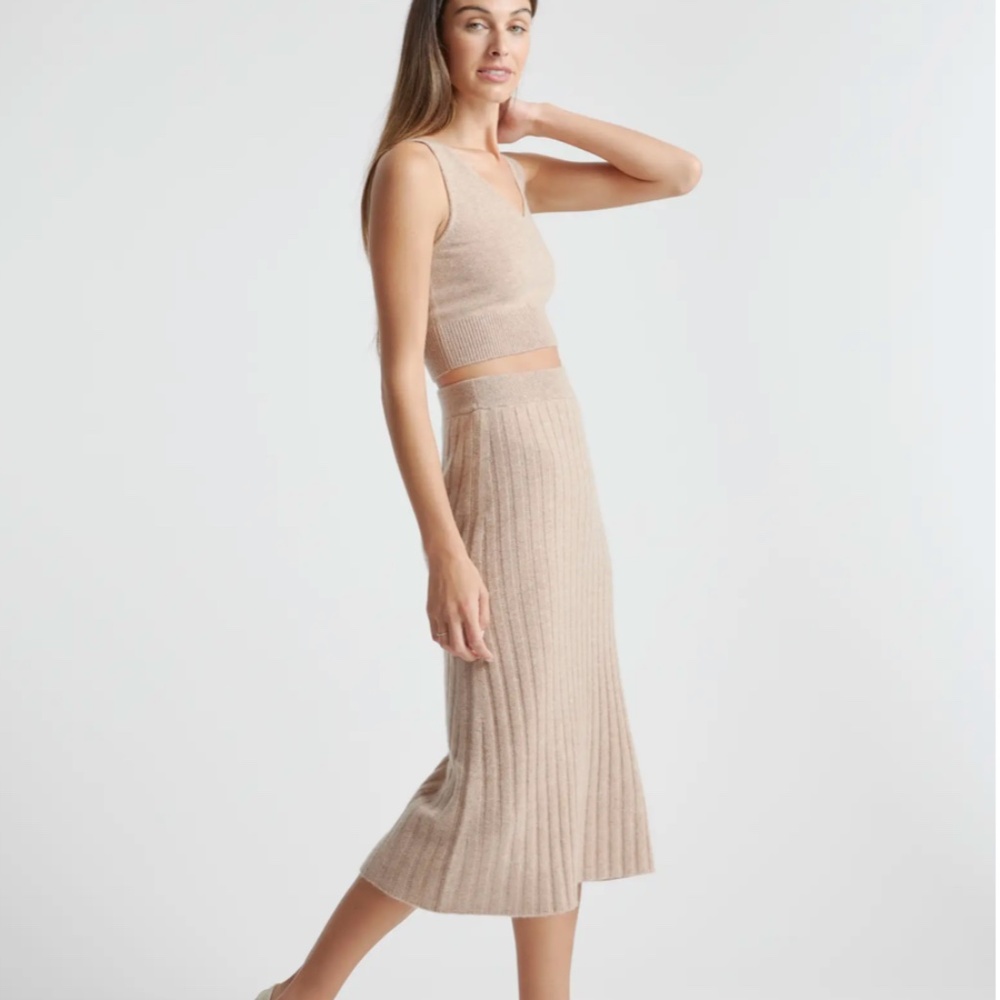 NWT Quince Mongolian Cashmere Cropped Tank + Midi Skirt Set - Heather Oatmeal
